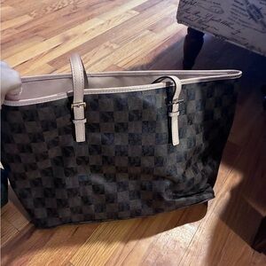 Elegant Brown Michael Kors Checkered Tote Bag
